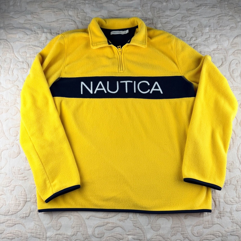 Nautica Mens Yellow Quarter Zip Fleece Pullover Logo Colorblock Large VFN 32